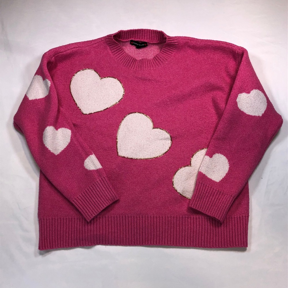 Forever & Ever Pink Heart Patch Knit Sweater Gold Beaded Trim Large 01022